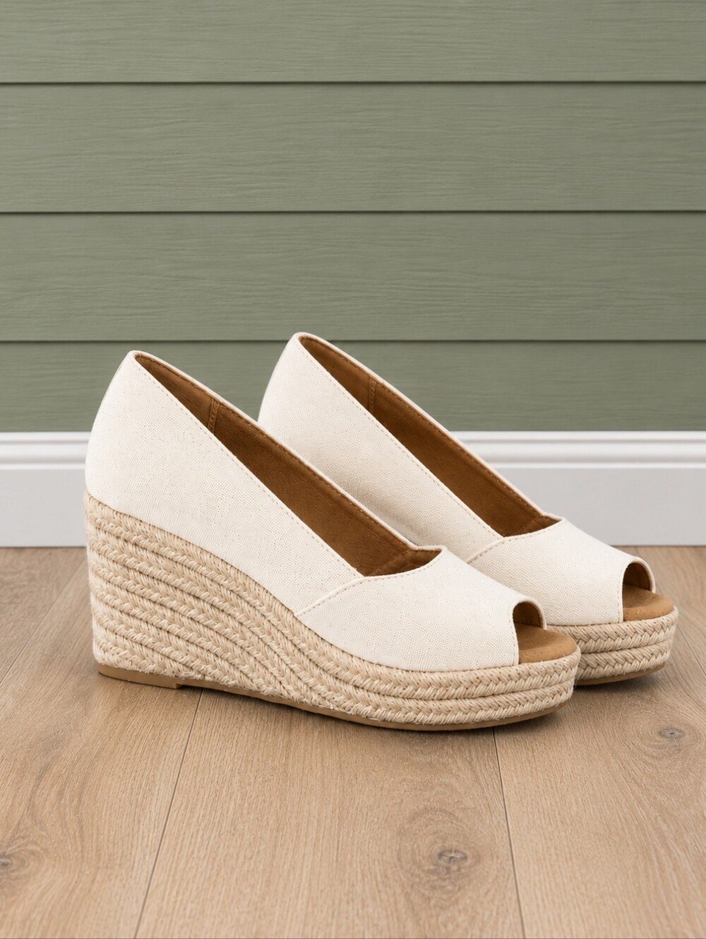 TOMS Rania Peep Toe Wedge Pump Natural Beige Gold  7.5 NWT
